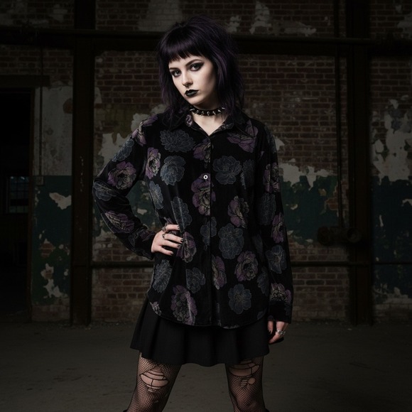 Coldwater Creek Velvet Floral Button Down Shirt Black Purple Whimsigoth S Loose - Picture 2 of 9
